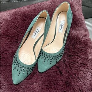 Clarks Teal Suede Studded Heels